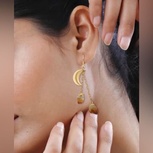 Brazilian Citrine Point Moon Dangle Earrings in Goldtone 27.00 ctw - Picture 2 of 14